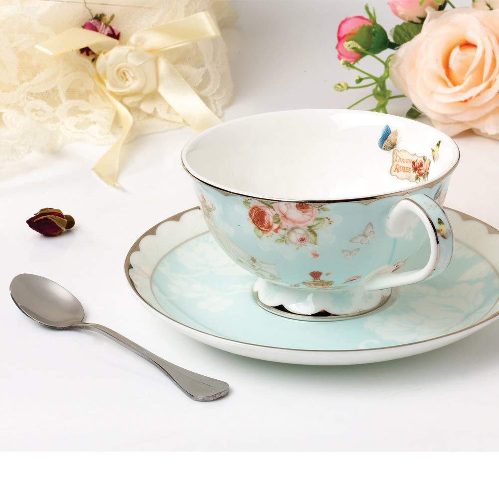 Amazon | AWHOME British Blue Bone China Teacup Spoon and